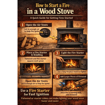 5 Steps to fast fire wood stove fire starting